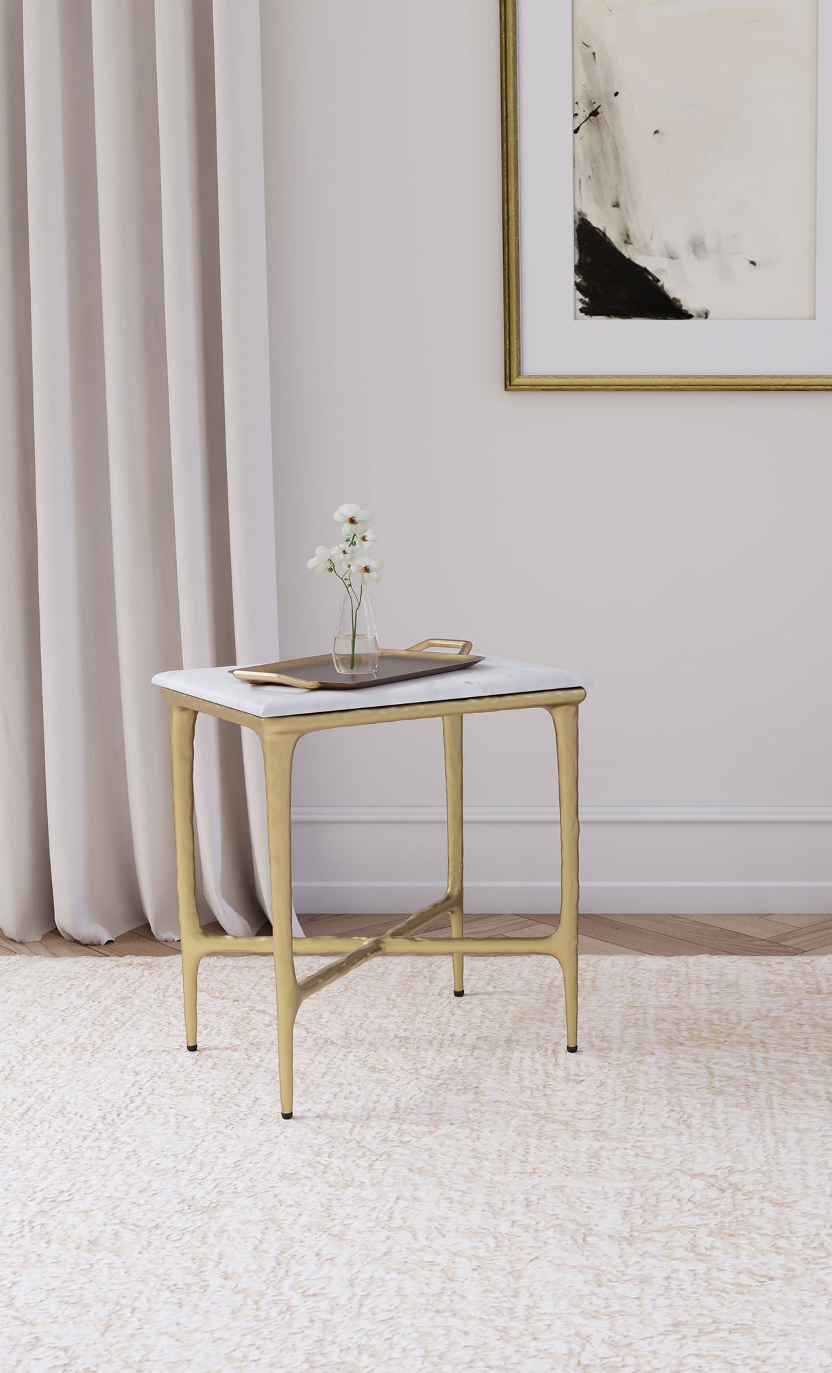 Baldwin Rectangular White Marble and Gold Side Table