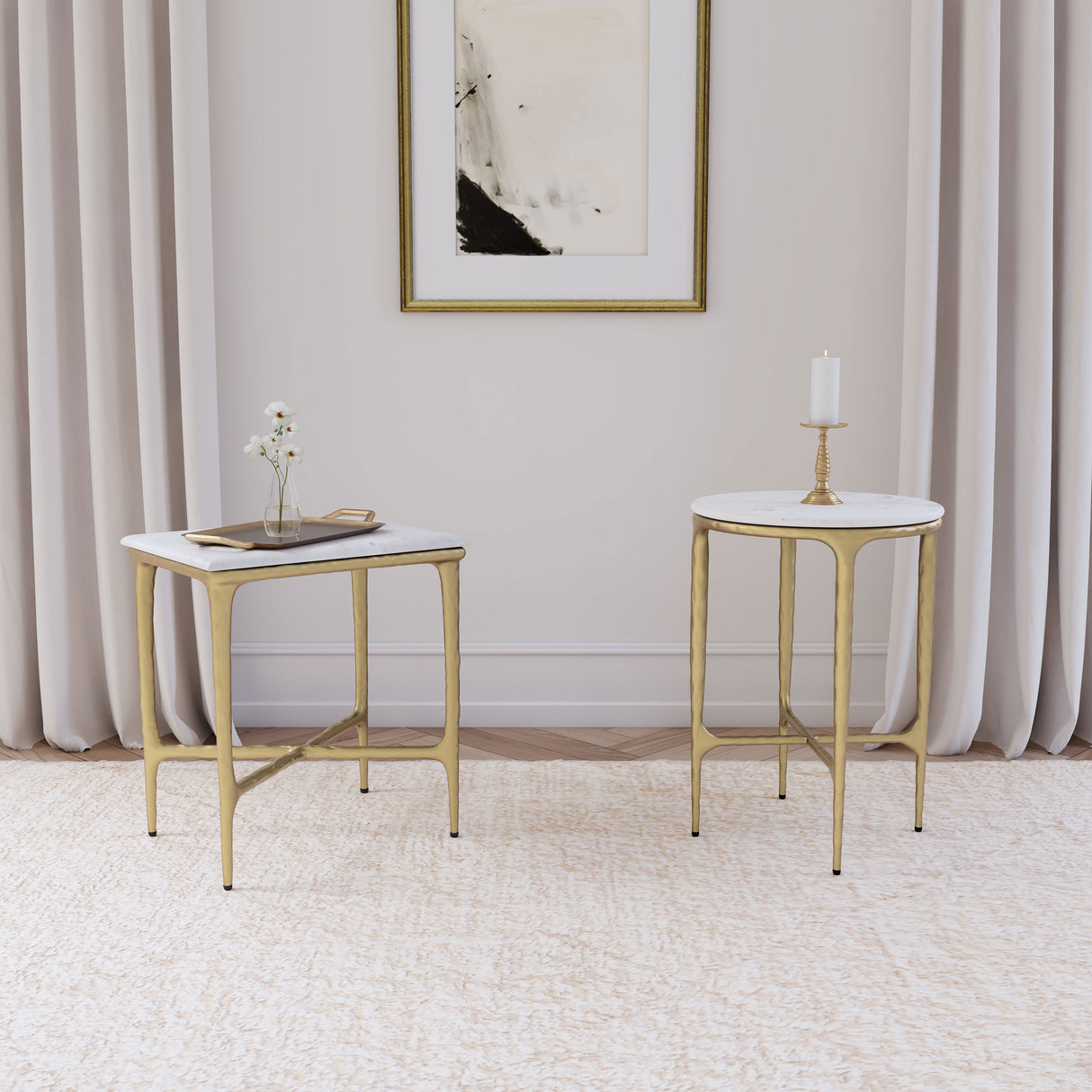 Baldwin Rectangular White Marble and Gold Side Table