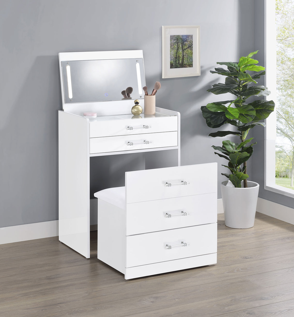 Danbury 3-Drawer Makeup Vanity and Stool Set, White High Gloss
