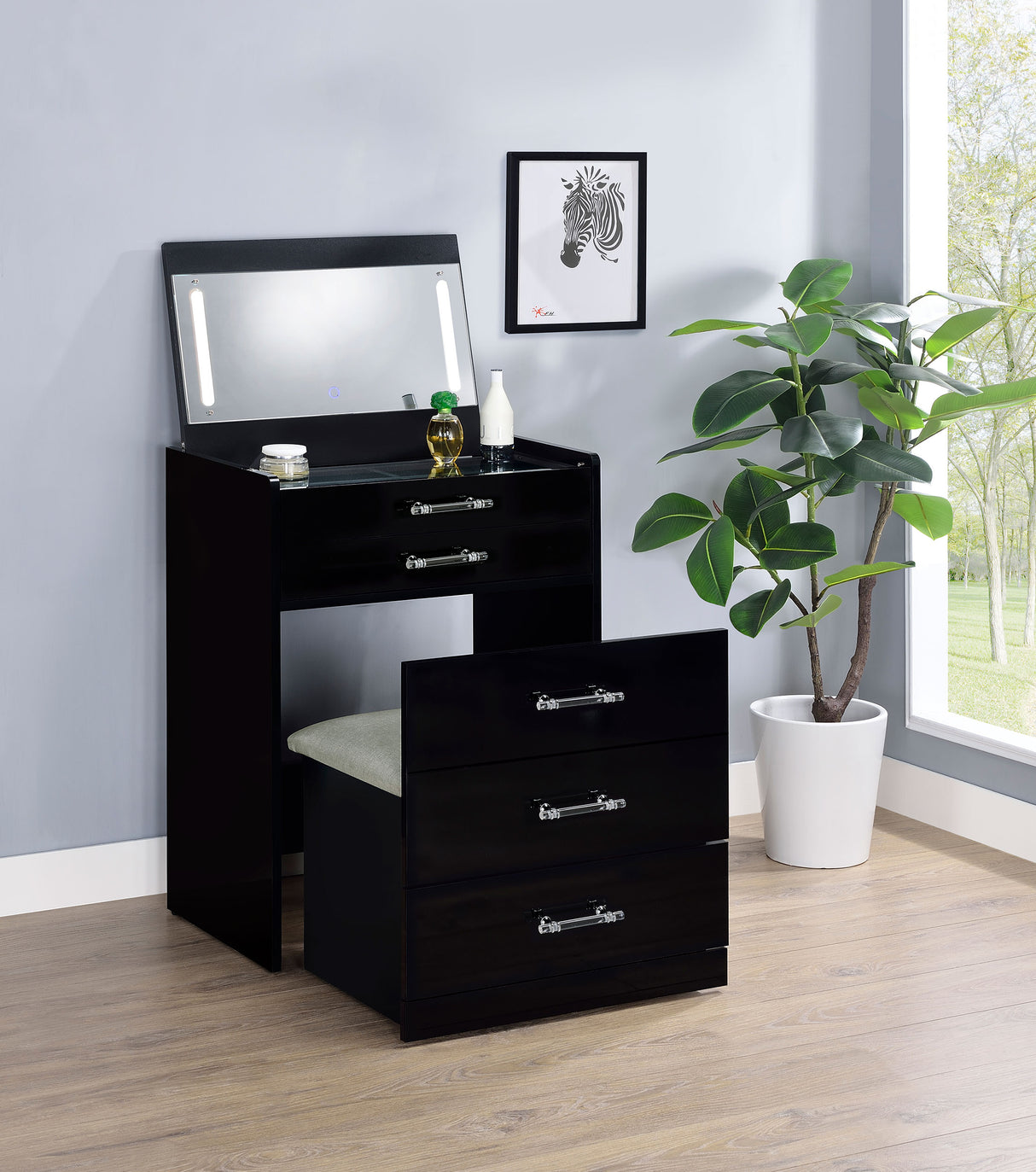 Danbury 3-Drawer Makeup Vanity and Stool Set, Black High Gloss