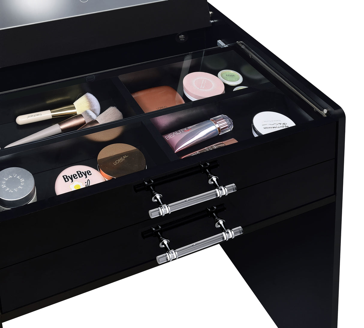 Danbury 3-Drawer Makeup Vanity and Stool Set, Black High Gloss