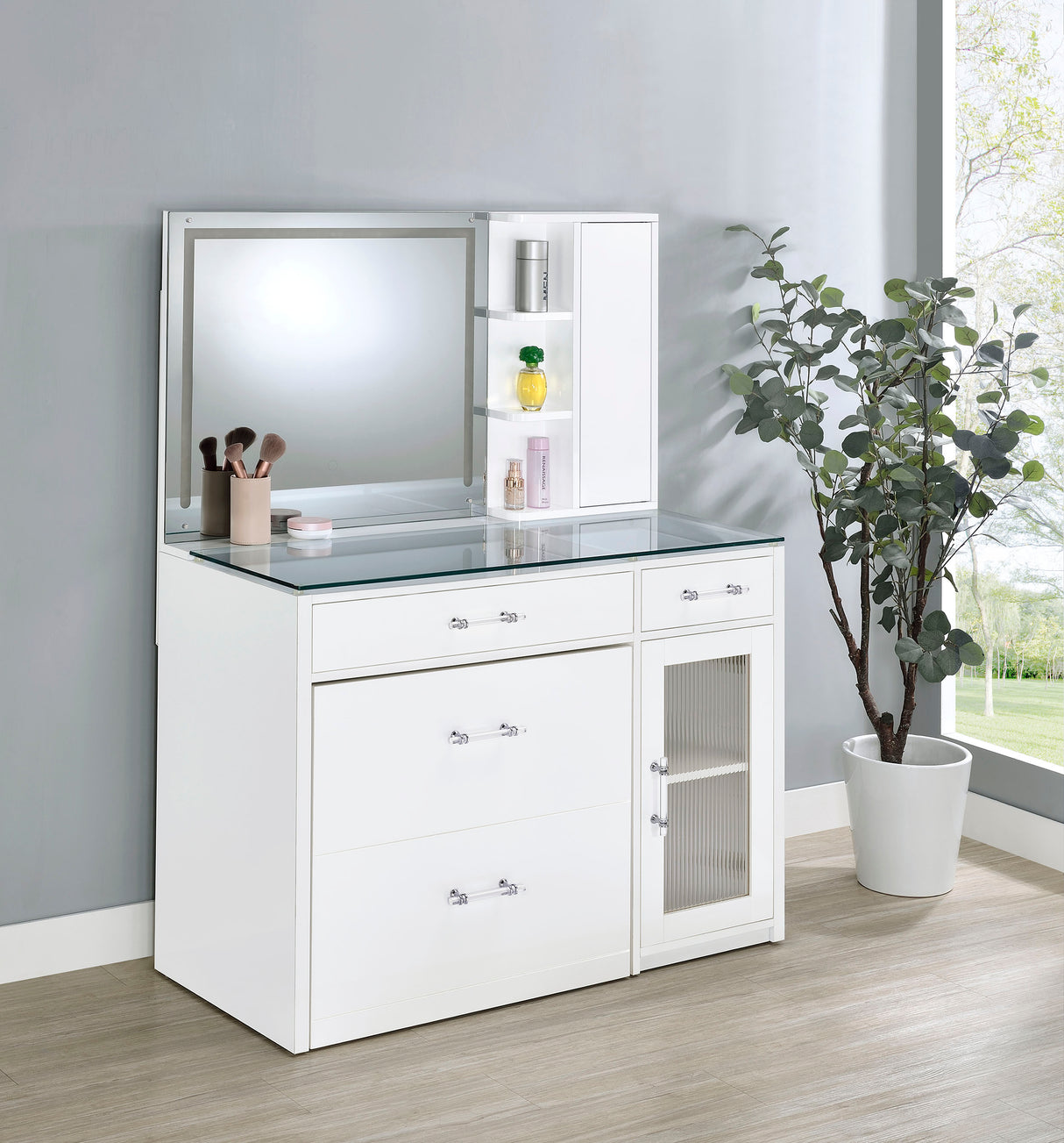 Flora 2-Drawer Vanity Set with LED Mirror, White High Gloss