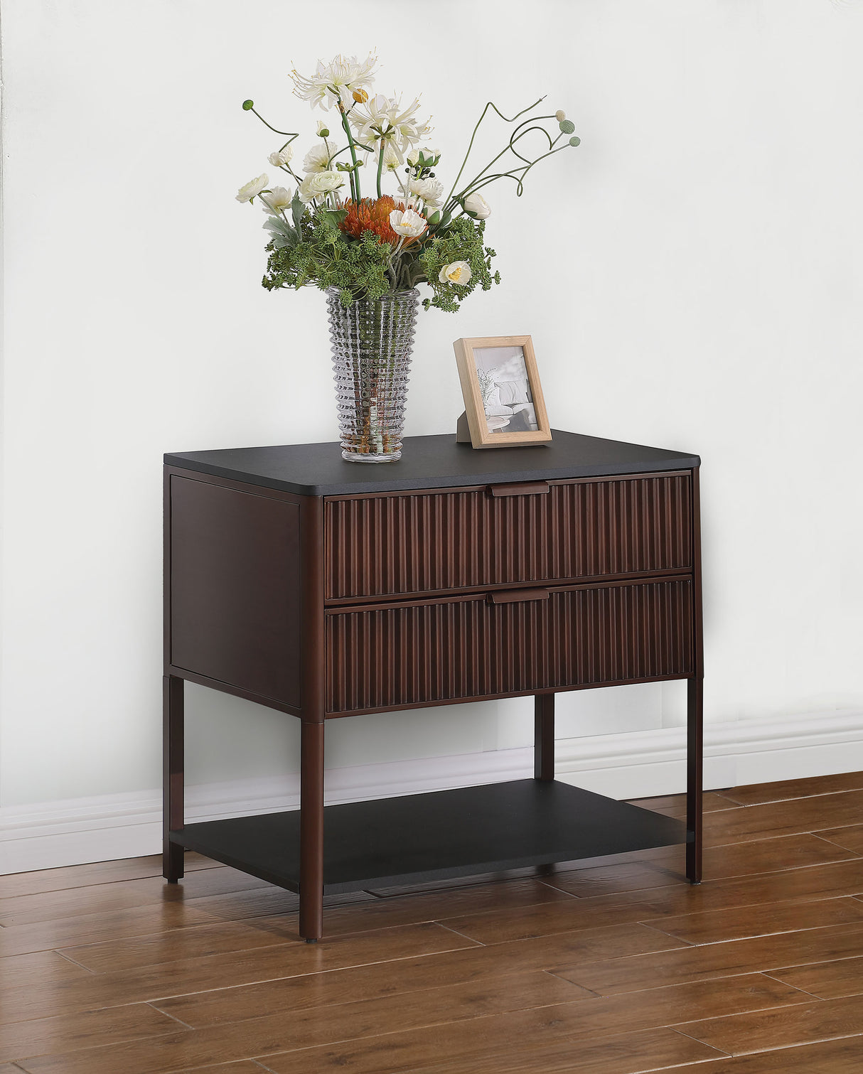Zimmerlee 2-Drawer Side Table with Shelf, Rust Brown