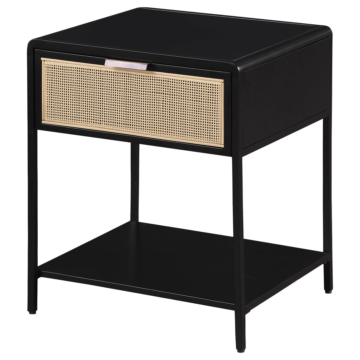 Amherst 1-Drawer Cane Weave Bedside Table, Black Metal