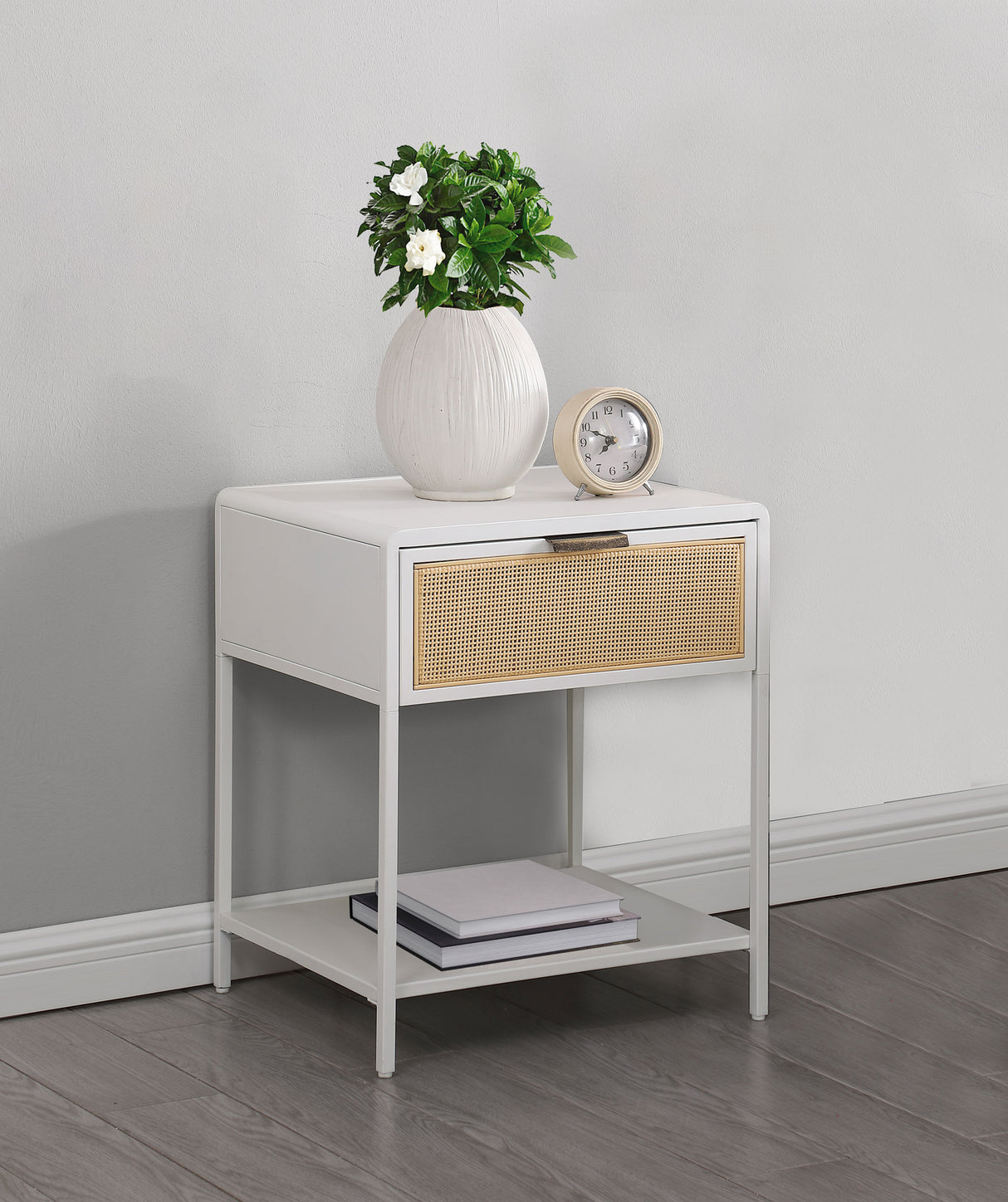 Amherst White Metal Cane 1-Drawer Bedside Table
