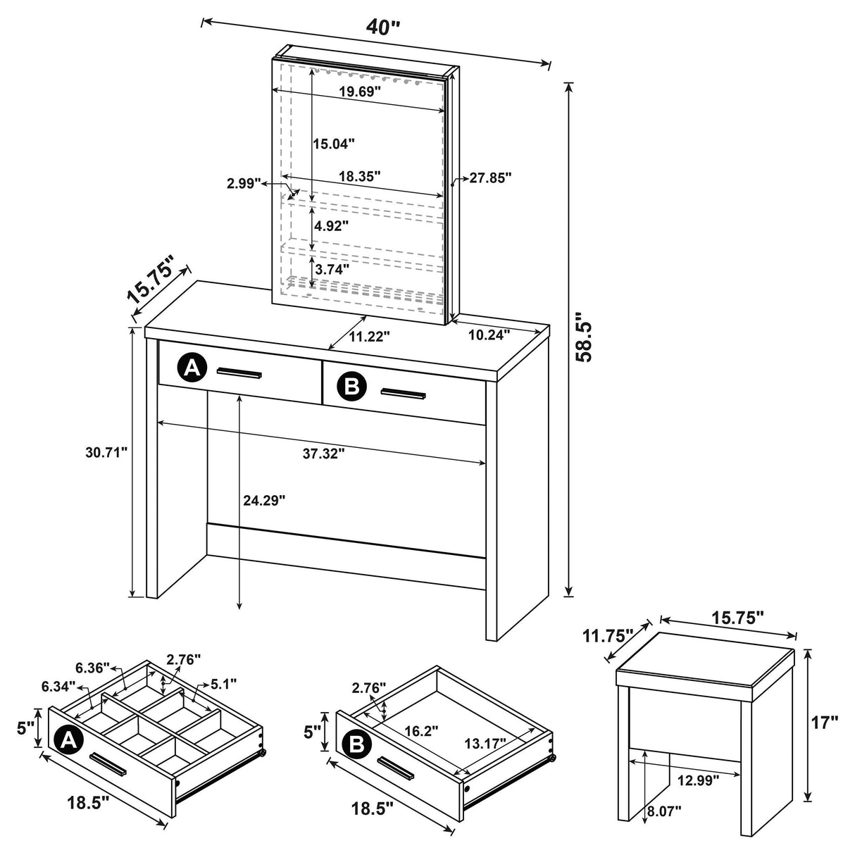 Bunbury White Makeup Vanity Table Set with Mirror and Stool