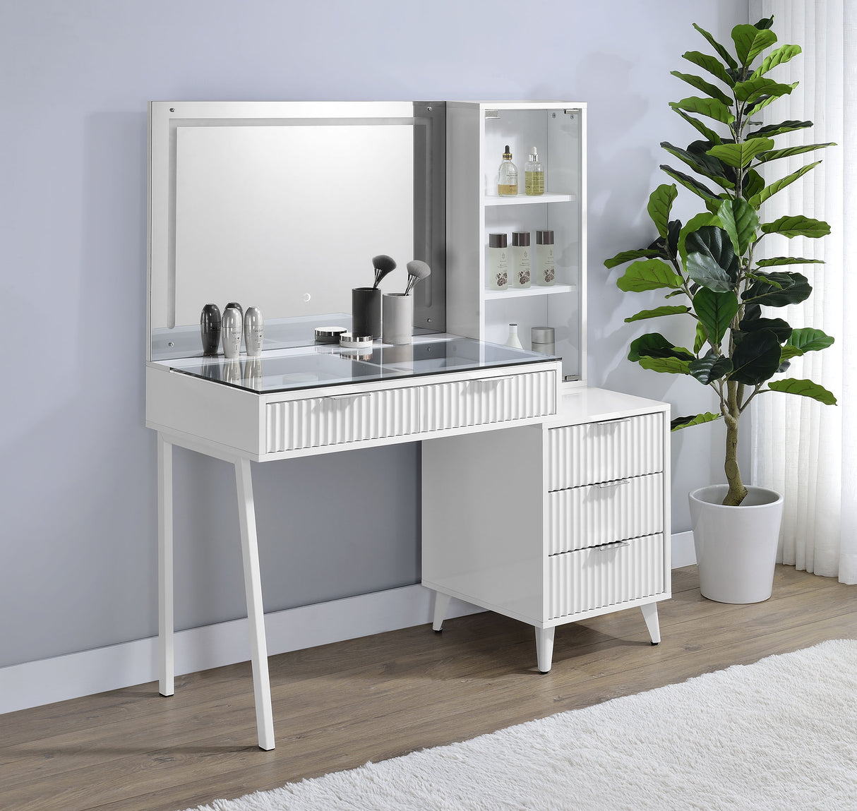 Souza 5-Drawer Makeup Vanity Table with LED Mirror, White High Gloss