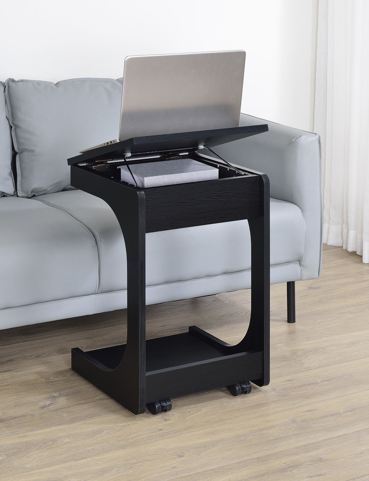 Ralston C-Shaped Lift-Top Side Table with Casters, Black