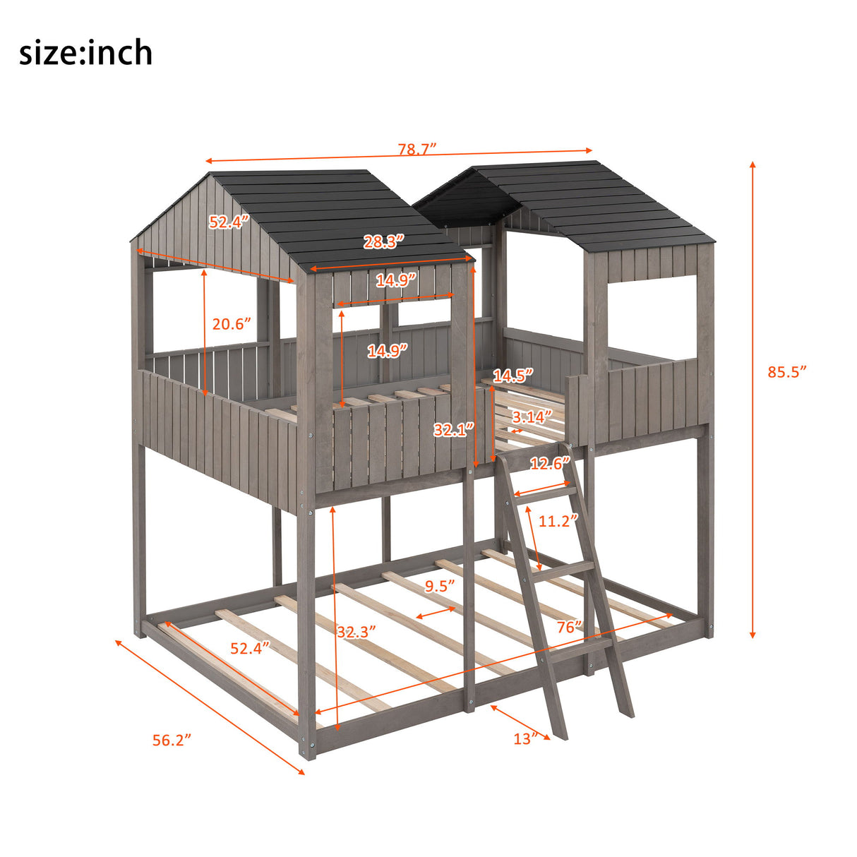 Bunk Bed With Roof, Window, Guardrail, Ladder