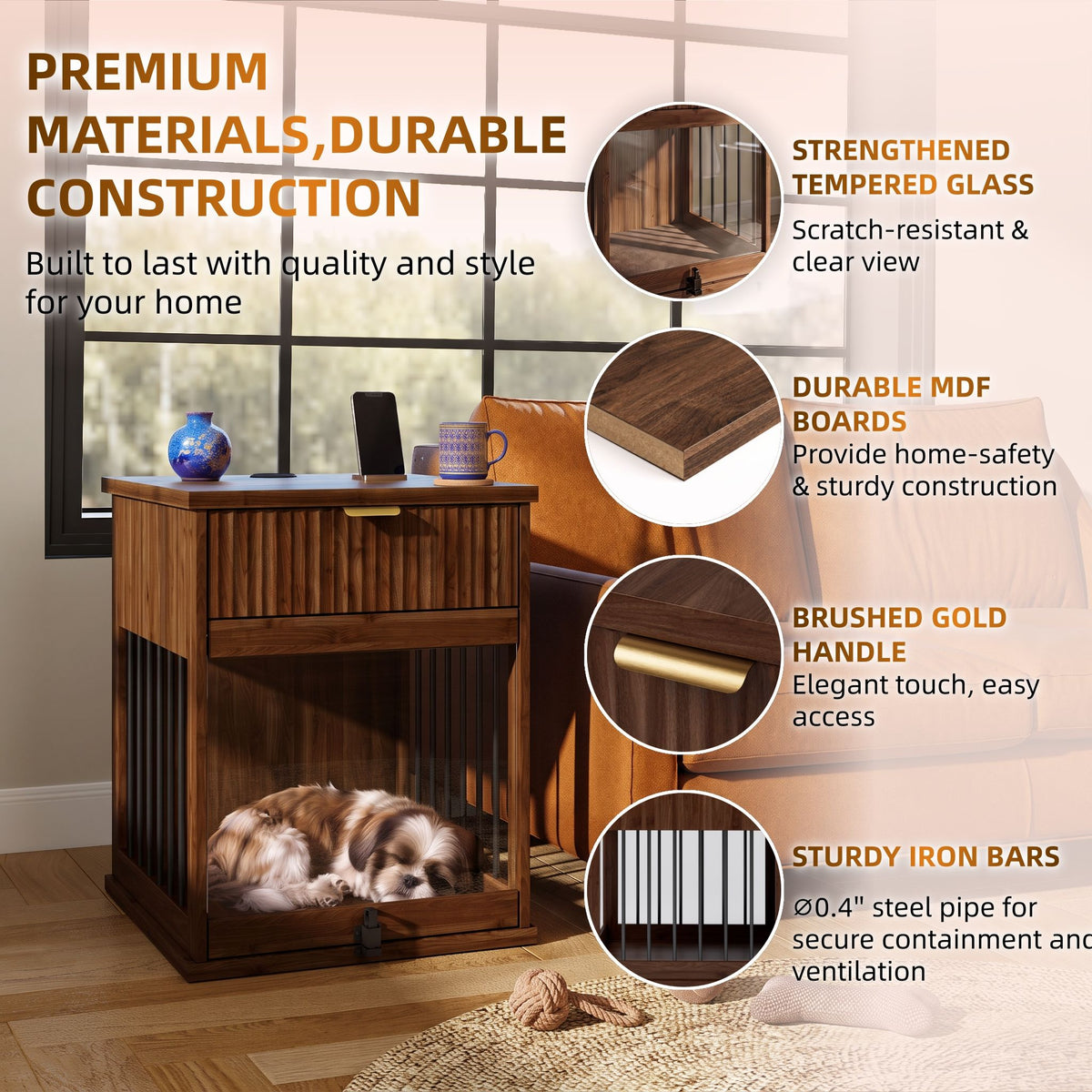 Dog Crate End Table With Charging Station - Antique Brown
