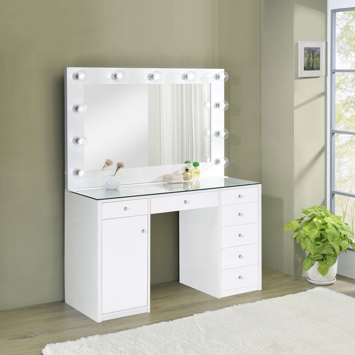 Acena 7-Drawer Vanity Set with Lighted Mirror, White High Gloss
