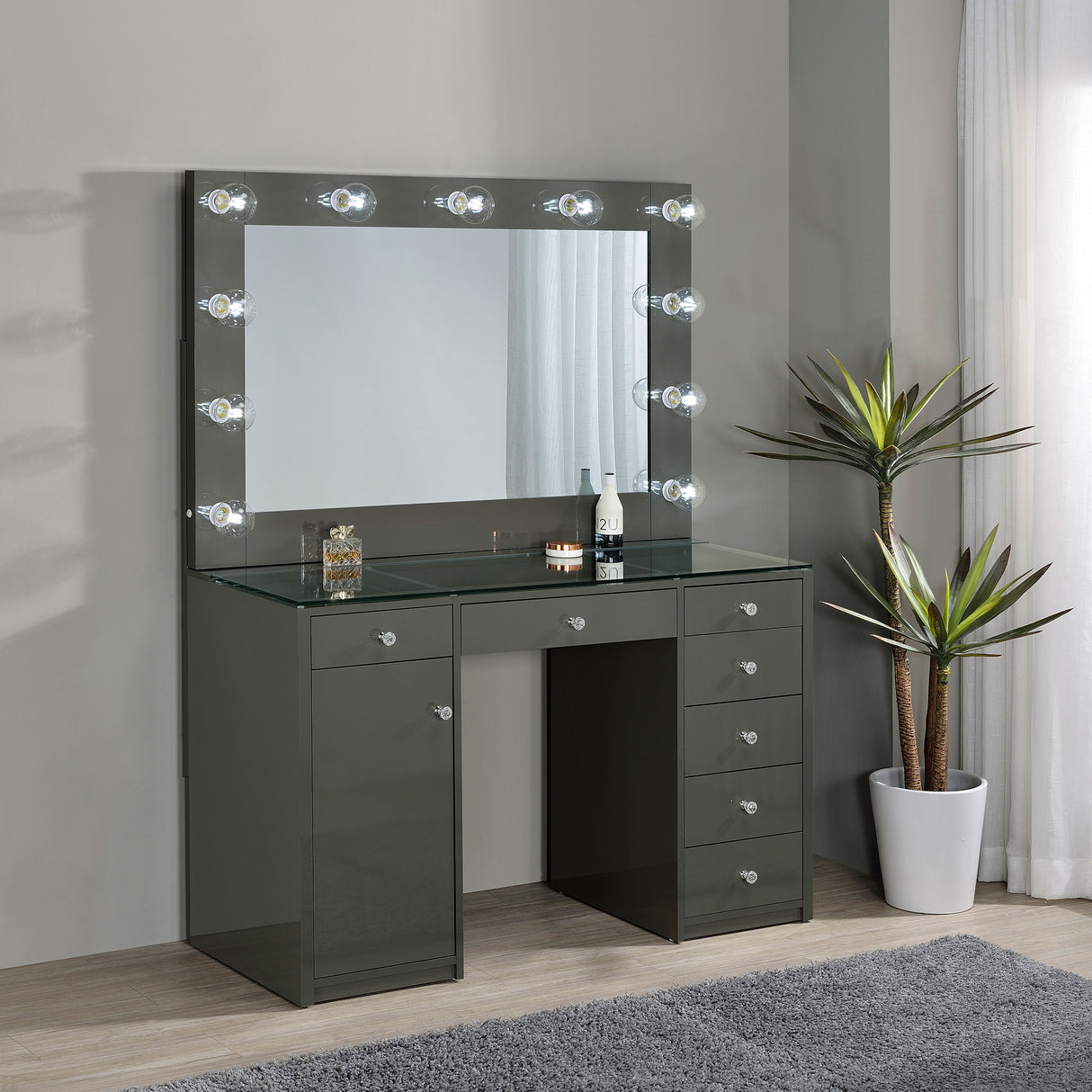 Acena 7-Drawer Vanity Set with Lighting, Grey High Gloss