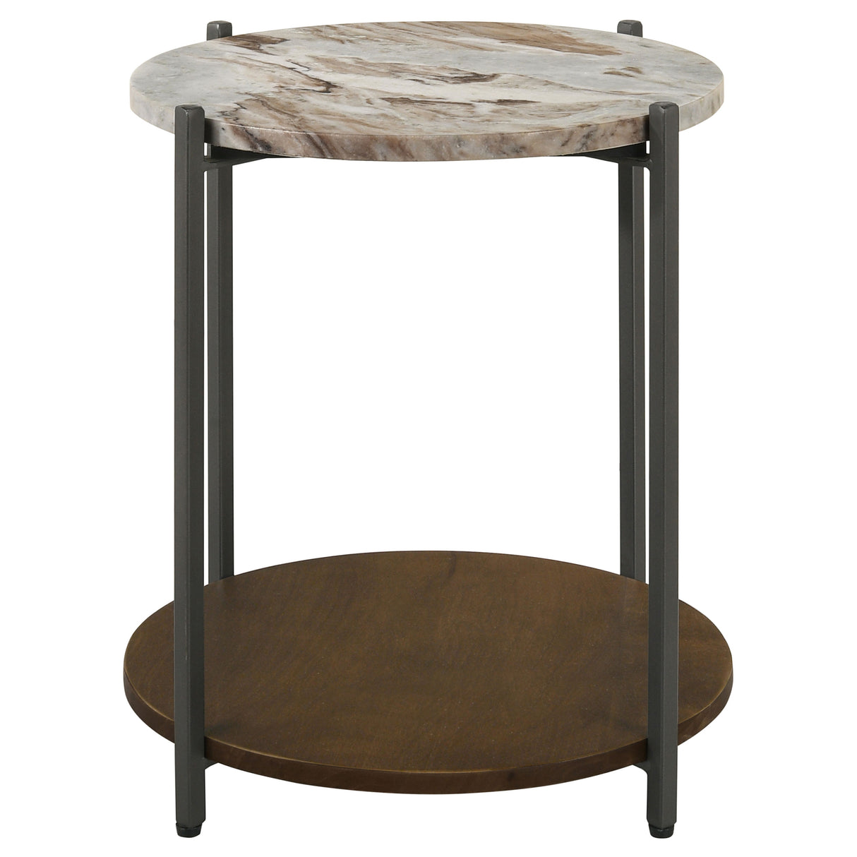 Noemie Round Marble Top Accent Side Table, White and Gunmetal