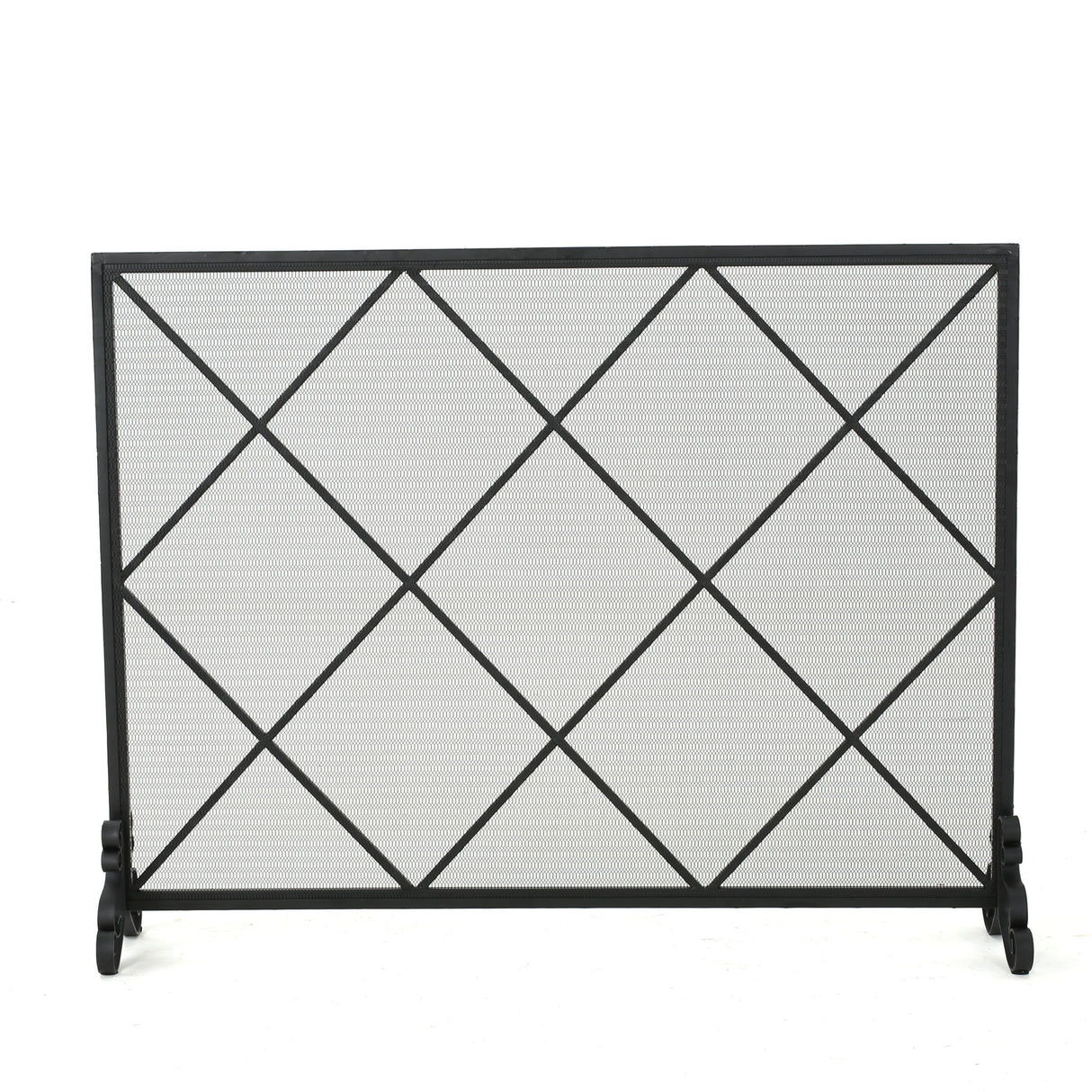 Minimalist Single Panel Iron Fireplace Screen With Diamond Design - Black