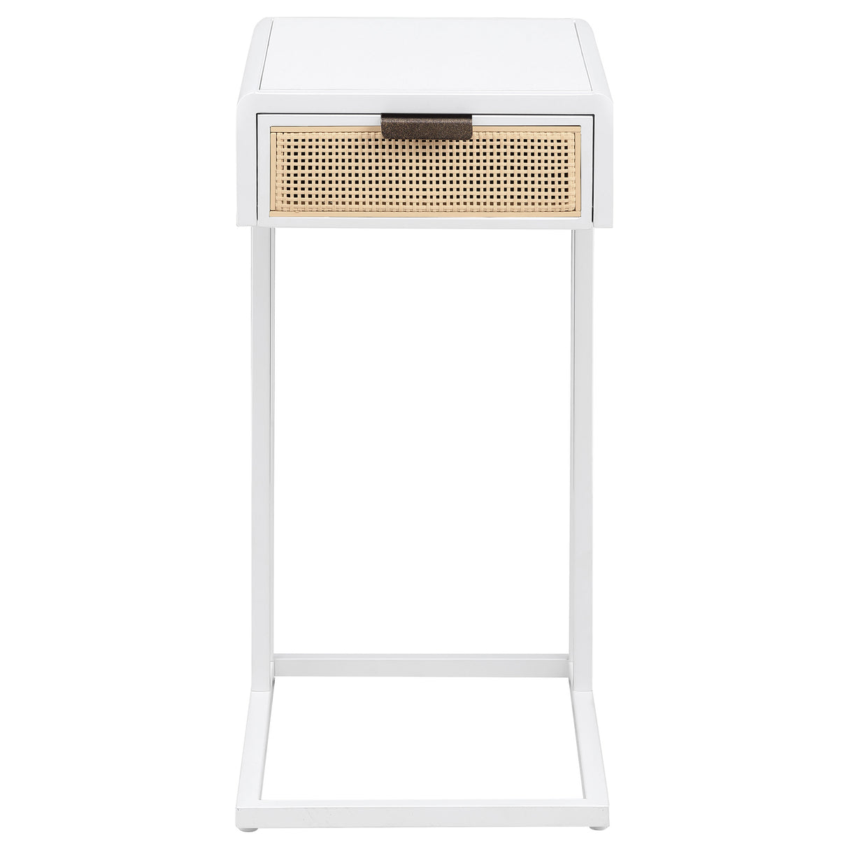 Amherst C-Shape Side Table with Cane Drawer, White Metal