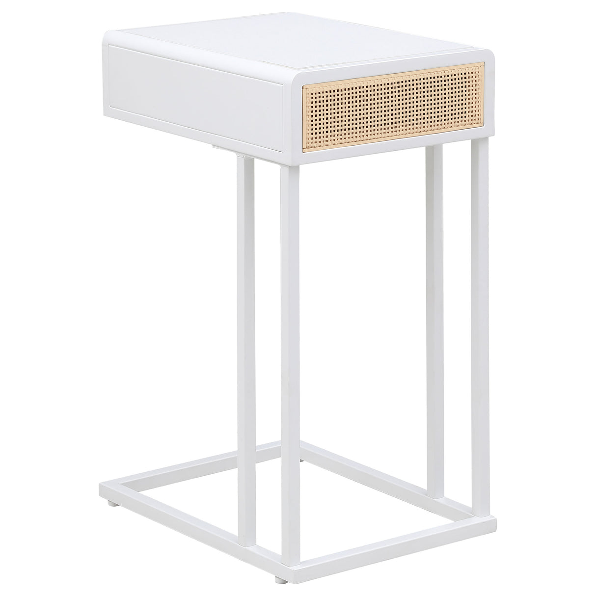 Amherst C-Shape Side Table with Cane Drawer, White Metal