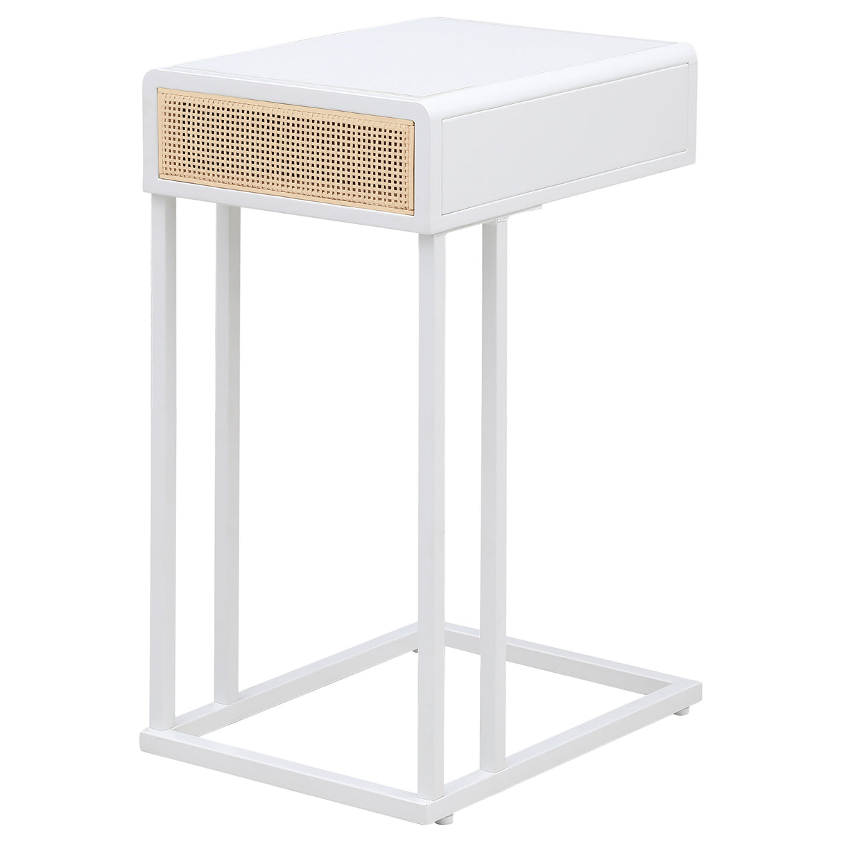 Amherst C-Shape Side Table with Cane Drawer, White Metal