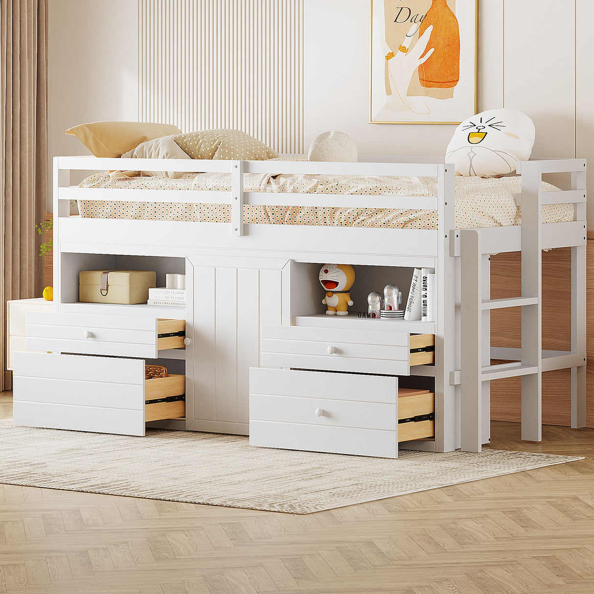 Loft Bed With 4 Drawers, Underneath Cabinet And Shelves