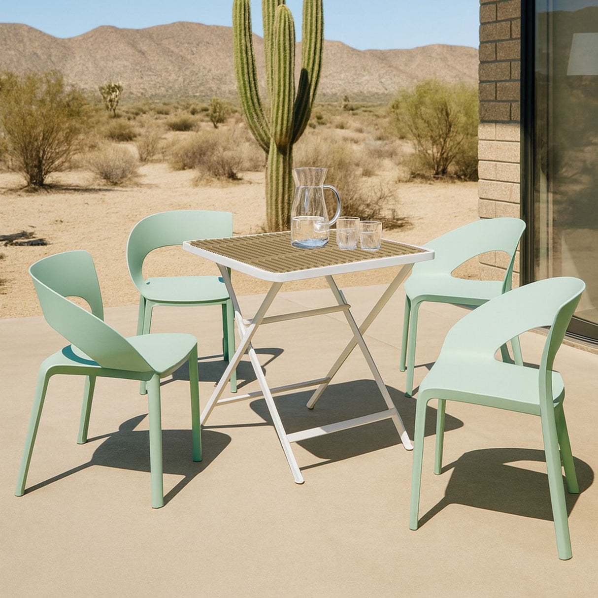 4 Piece Set Of Color Block Designed Single Chairs & Folding Square Table - Haze Green / Khaki / White
