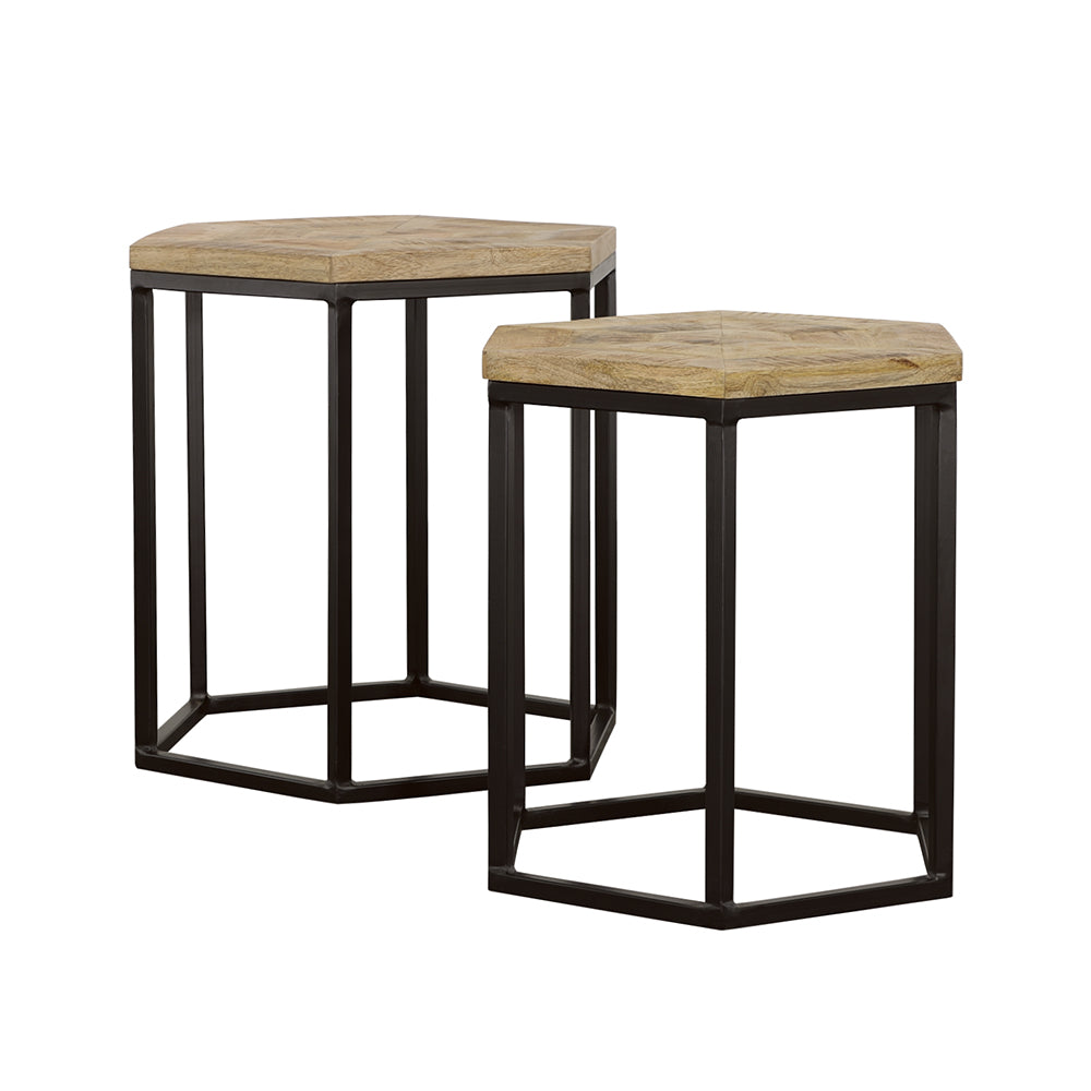 Adger Hexagonal Nesting Tables in Natural Mango Wood and Black, Set of 2