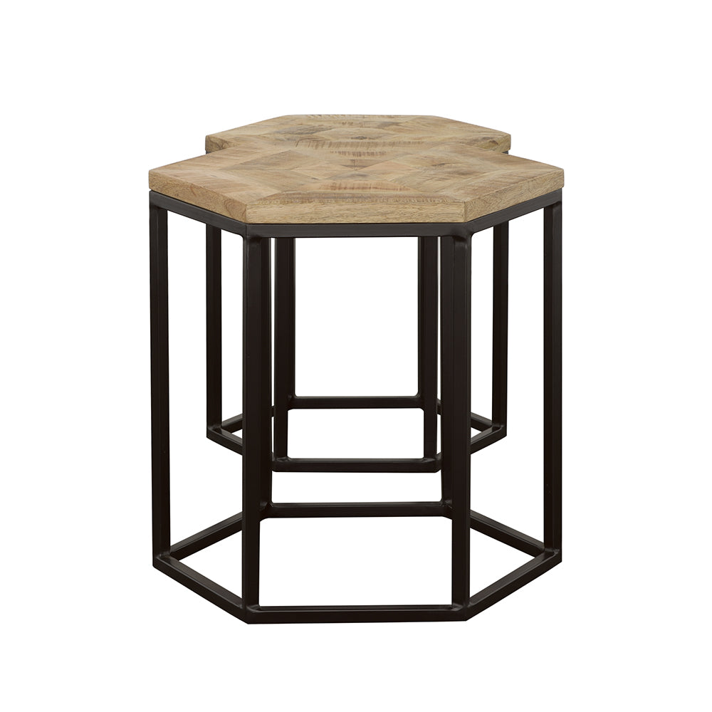 Adger Hexagonal Nesting Tables in Natural Mango Wood and Black, Set of 2