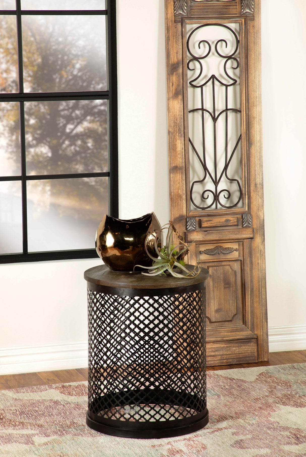 Aurora Round Accent Side Table - Natural Mango Wood and Black Iron