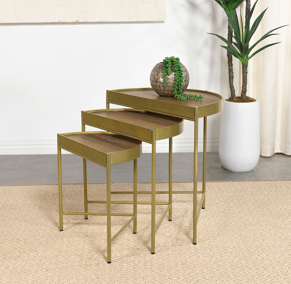 Tristen 3-Piece Demilune Nesting Tables, Brown and Gold