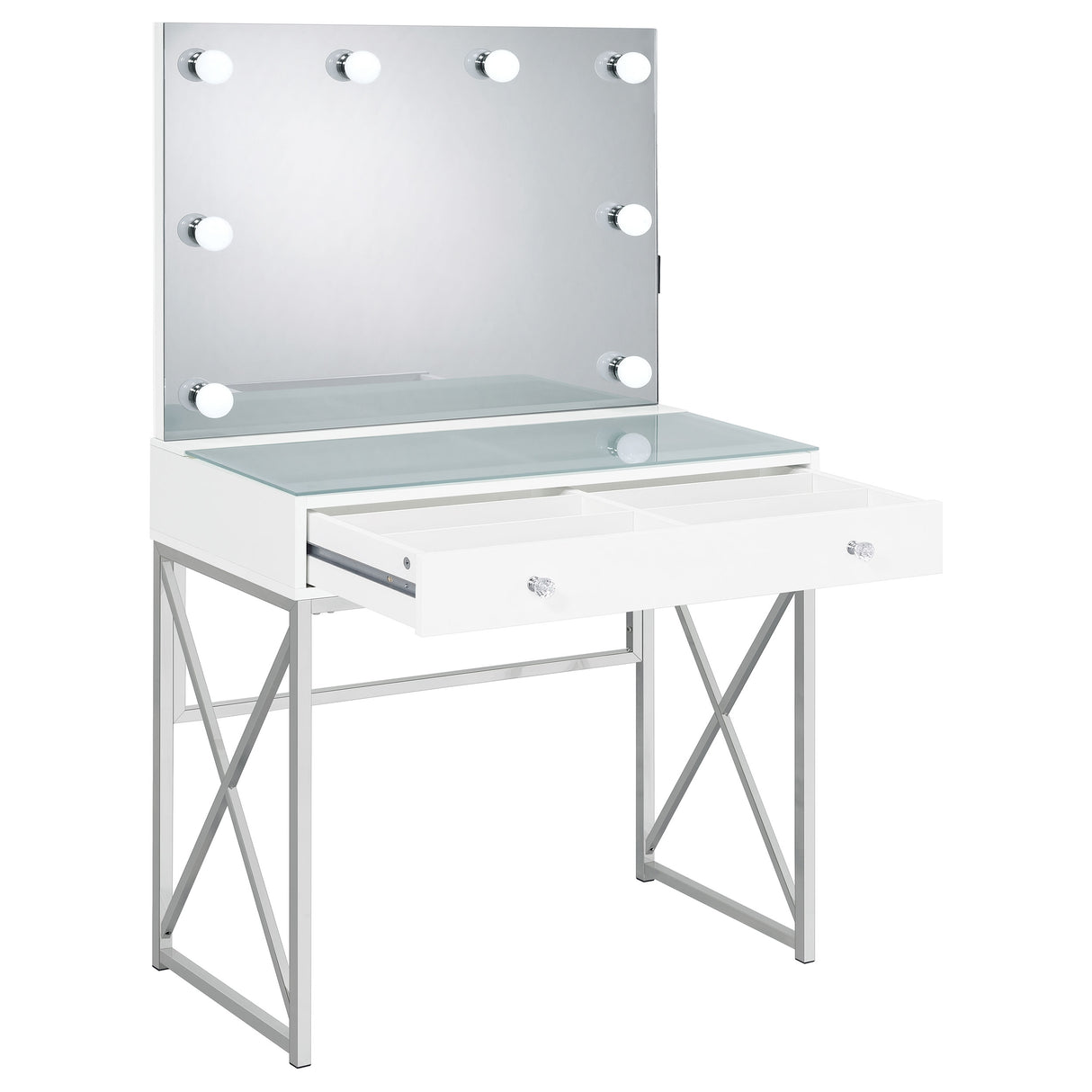 Eliza White & Chrome Vanity Set with Lighted Mirror and Stool
