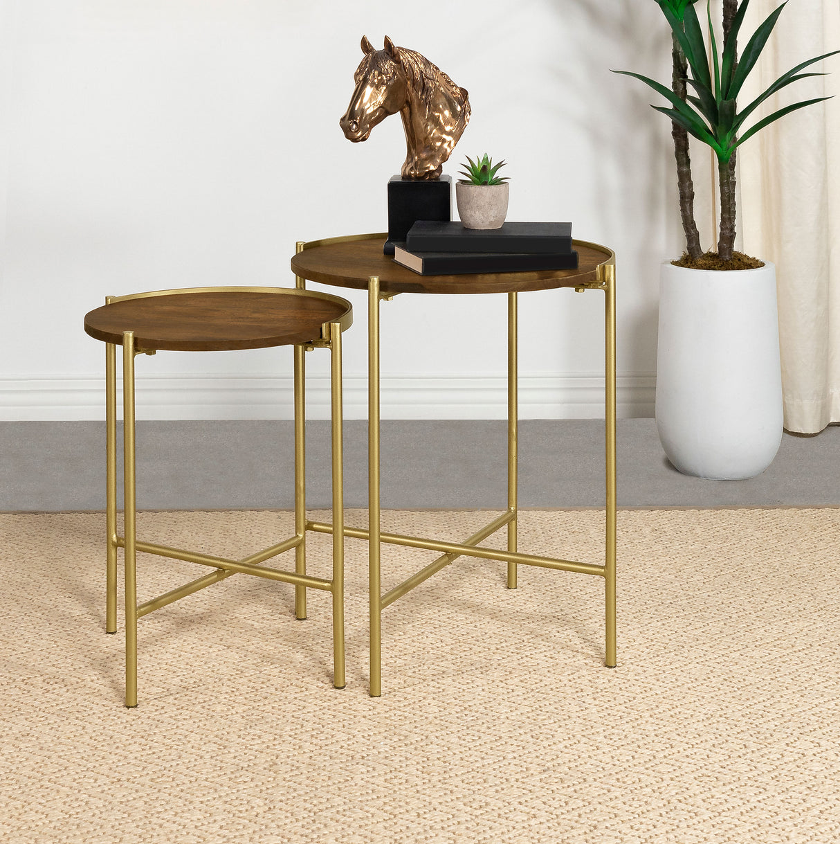 Malka 2-Piece Round Mango Wood Nesting Tables, Dark Brown and Gold