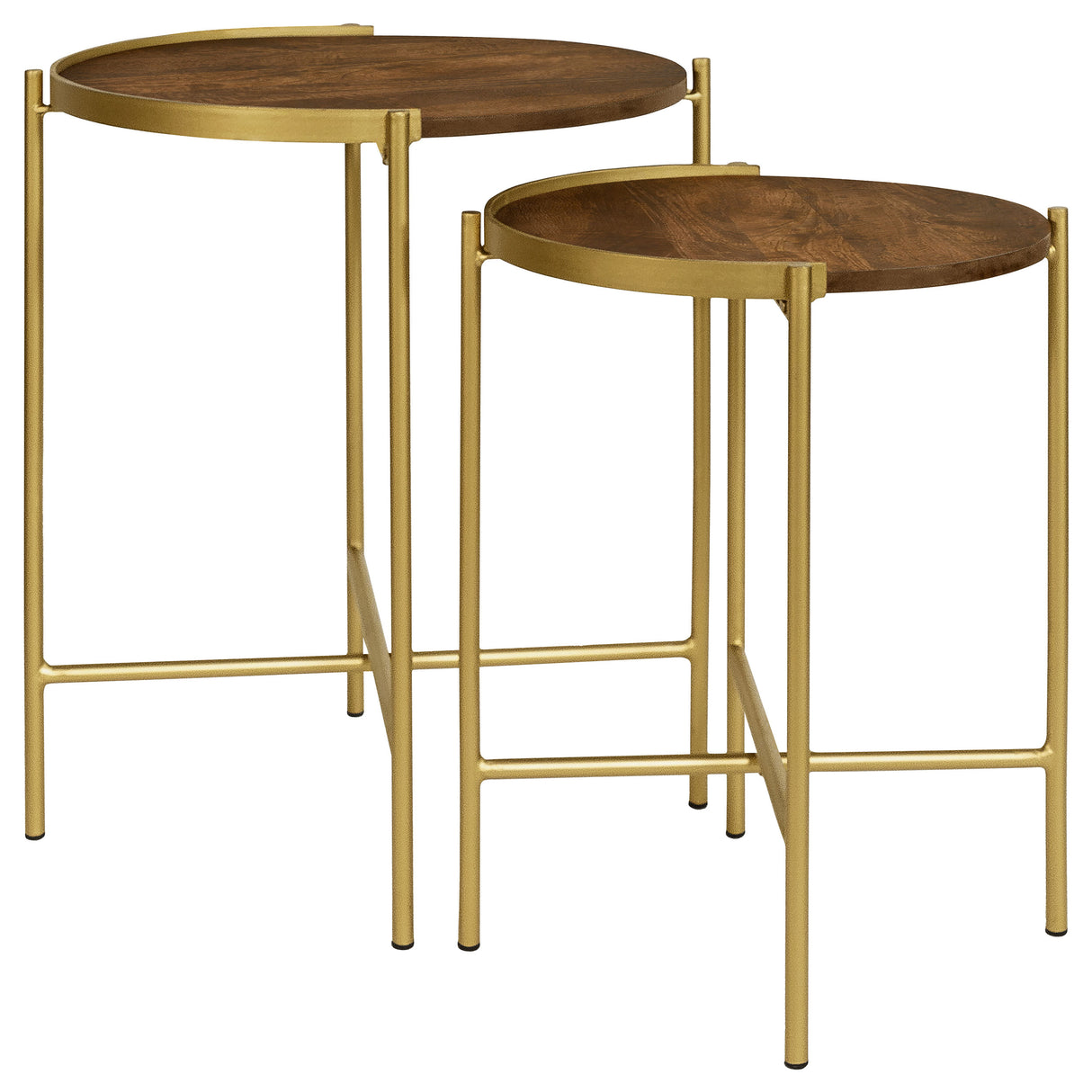 Malka 2-Piece Round Mango Wood Nesting Tables, Dark Brown and Gold