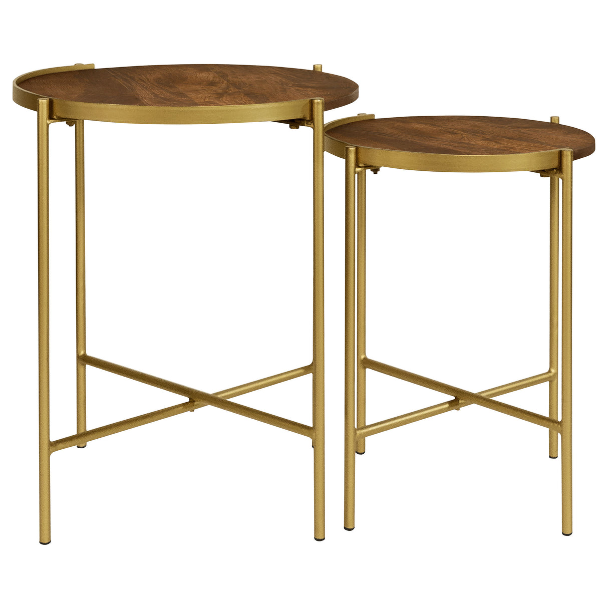 Malka 2-Piece Round Mango Wood Nesting Tables, Dark Brown and Gold