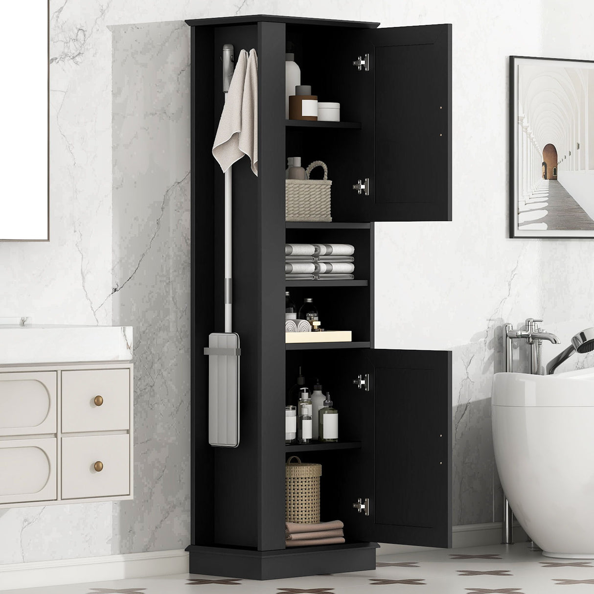 Tall Freestanding Bathroom Storage Cabinet With Adjustable Shelves And Side Hooks Board, Rectangle Design