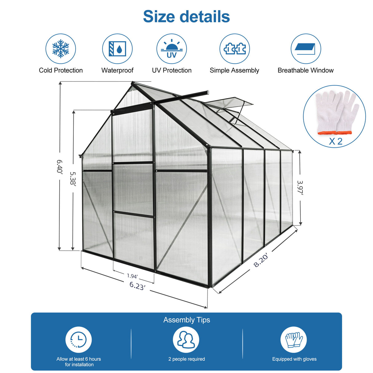 Polycarbonate house Raised Base And Anchor Aluminum Heavy Duty Walk-In houses For Outdoor Backyard In All Season