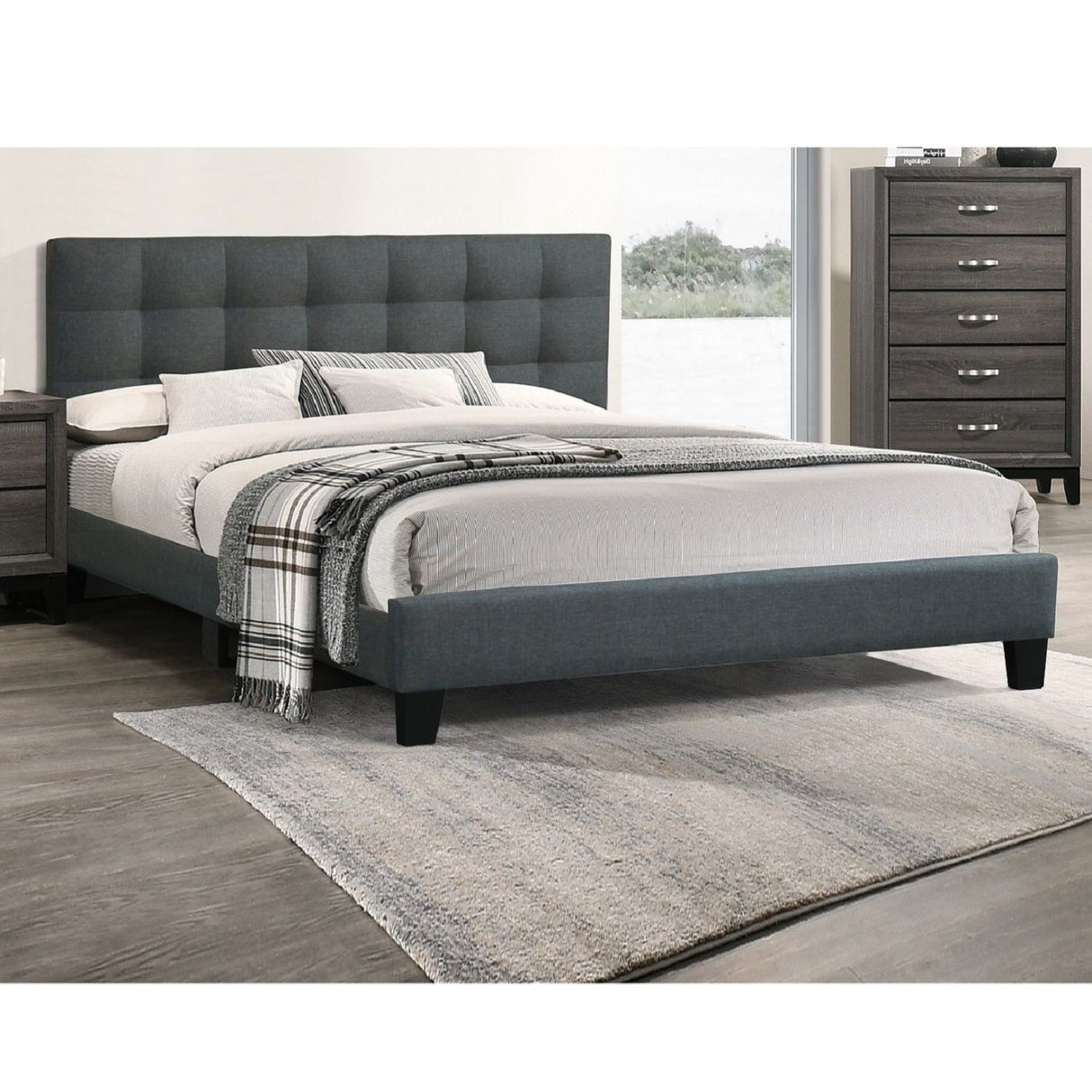 California King Size Tufted Headboard Platform Bedframe, Bedroom Furniture - Charcoal