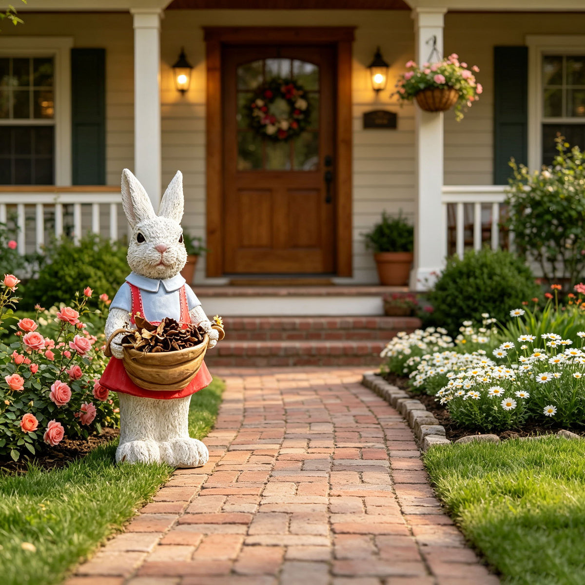 Whimsical Rabbit Statue Flower Pot Ornament, Garden Decor - Pink / White