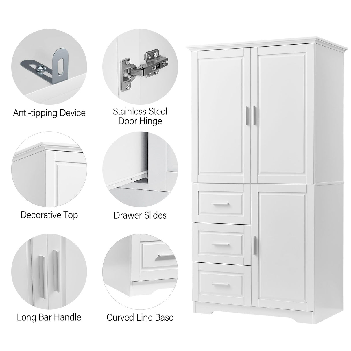 Tall And Wide Storage Cabinet With Doors, 3 Drawers