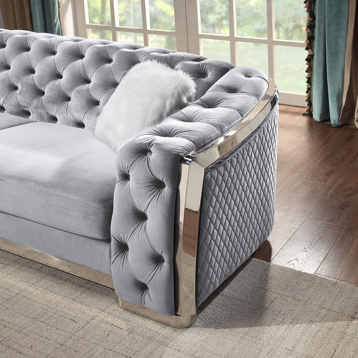 2 Seater Sofa With Button Tufted Diamond Grid & 2 Pillows For Living Room