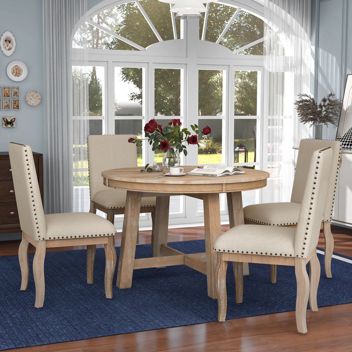 Round Extendable Dining Table Set With 4 Upholstered Chairs