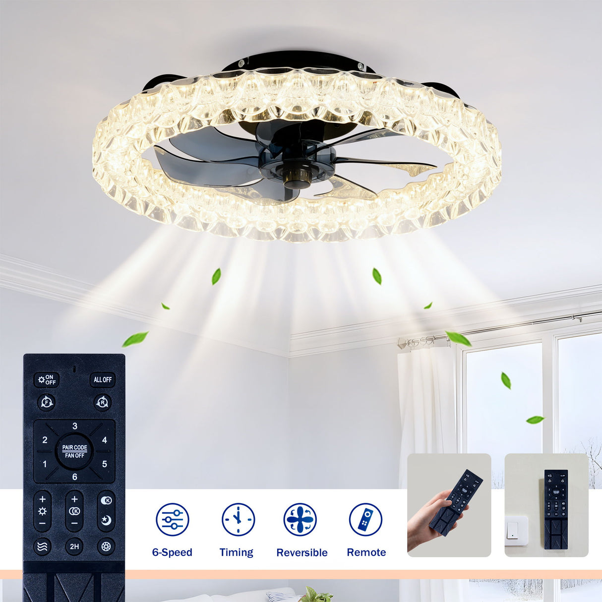 LED Light Source And Remote Control, 3000 - 6500K Dimmable Flush Mount LED Fan Light, 6 Speeds, Quiet DC Motor - Matte Black