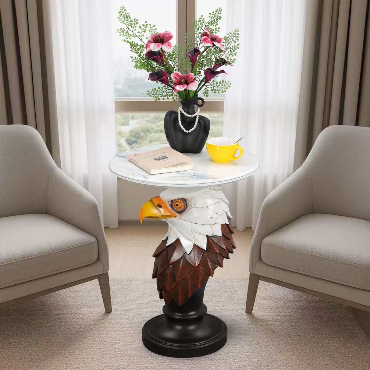 Eagle Head Accent Table, Animal Statue End Tables For Living Room - Brown / Antique White