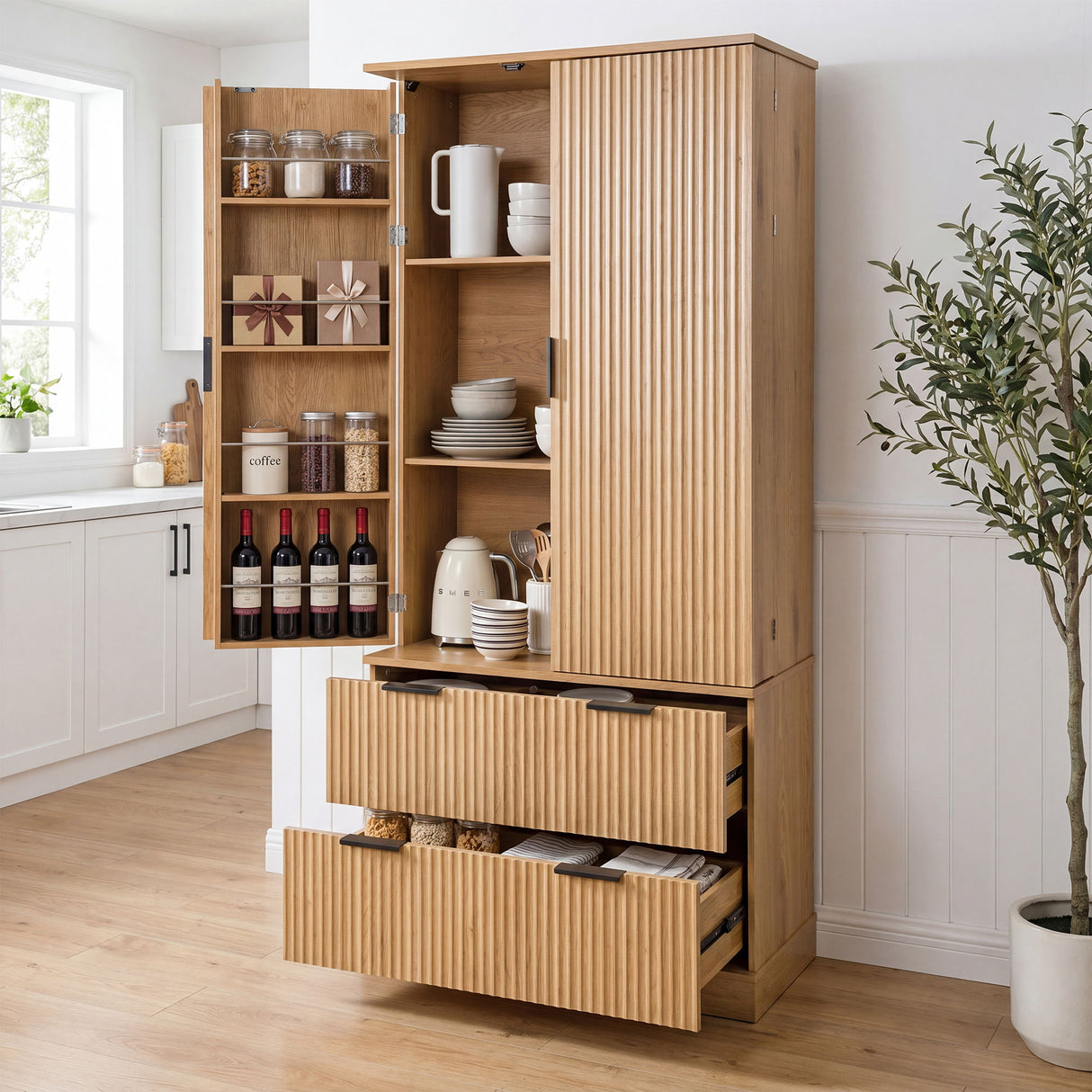 Fluted Kitchen Pantry Cabinet With 2 Large Drawers & 8 Door Spice Rack Freestanding Storage Organizer - Oak