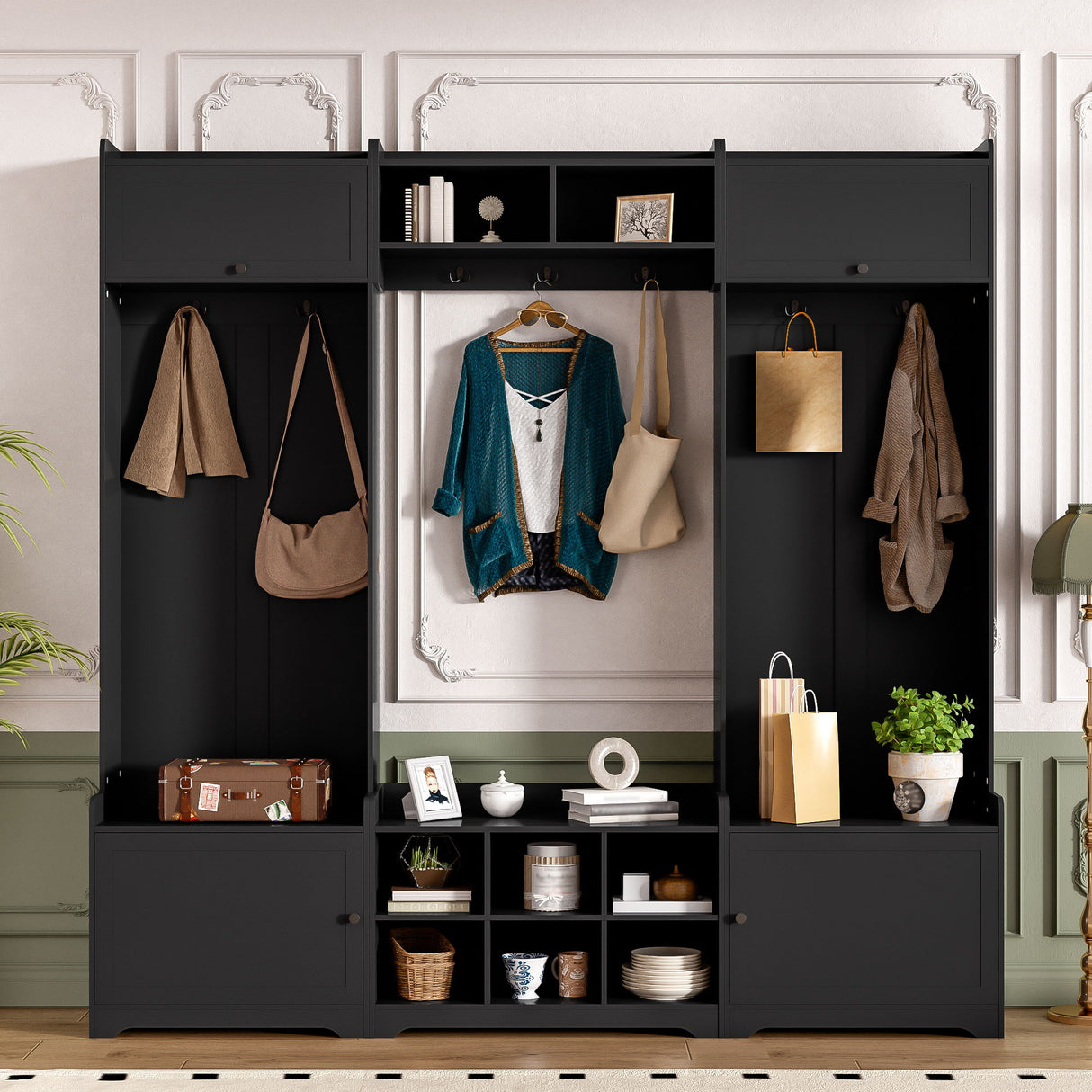 Wide Hall Tree With Shoe Storage, 4 In 1 Entryway Bench With 8 Cubbies, 7 Coat Hooks & Adjustable Shelf For Hallway - Black
