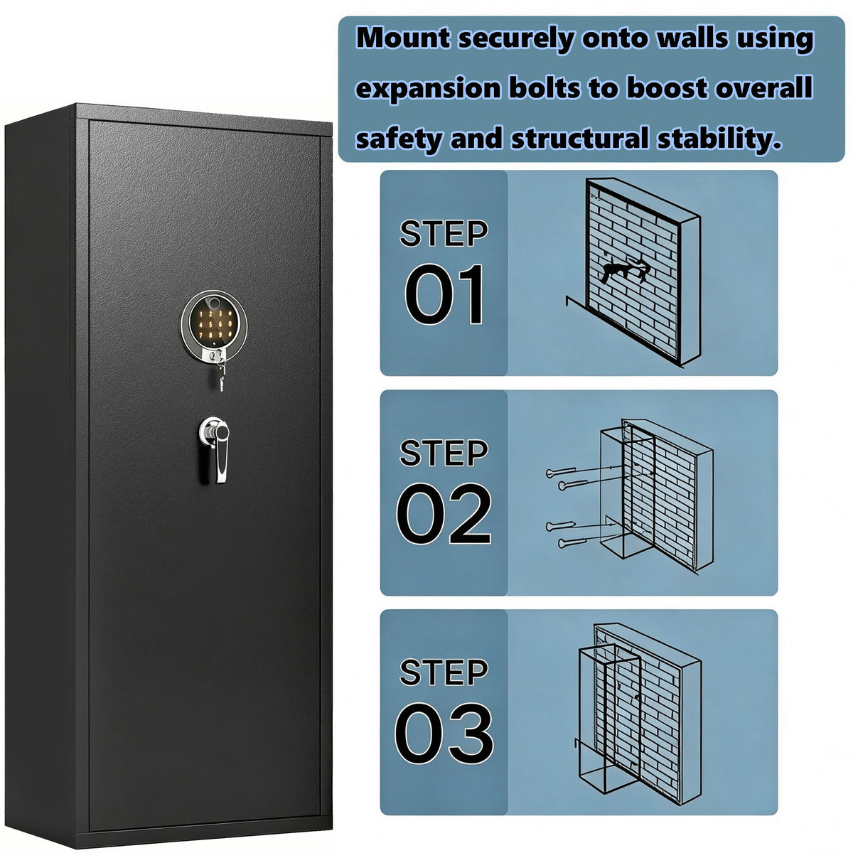 Rifle Safe, Biometric & Keypad Lock, Adjustable Gun Racks With Built In Alarm System