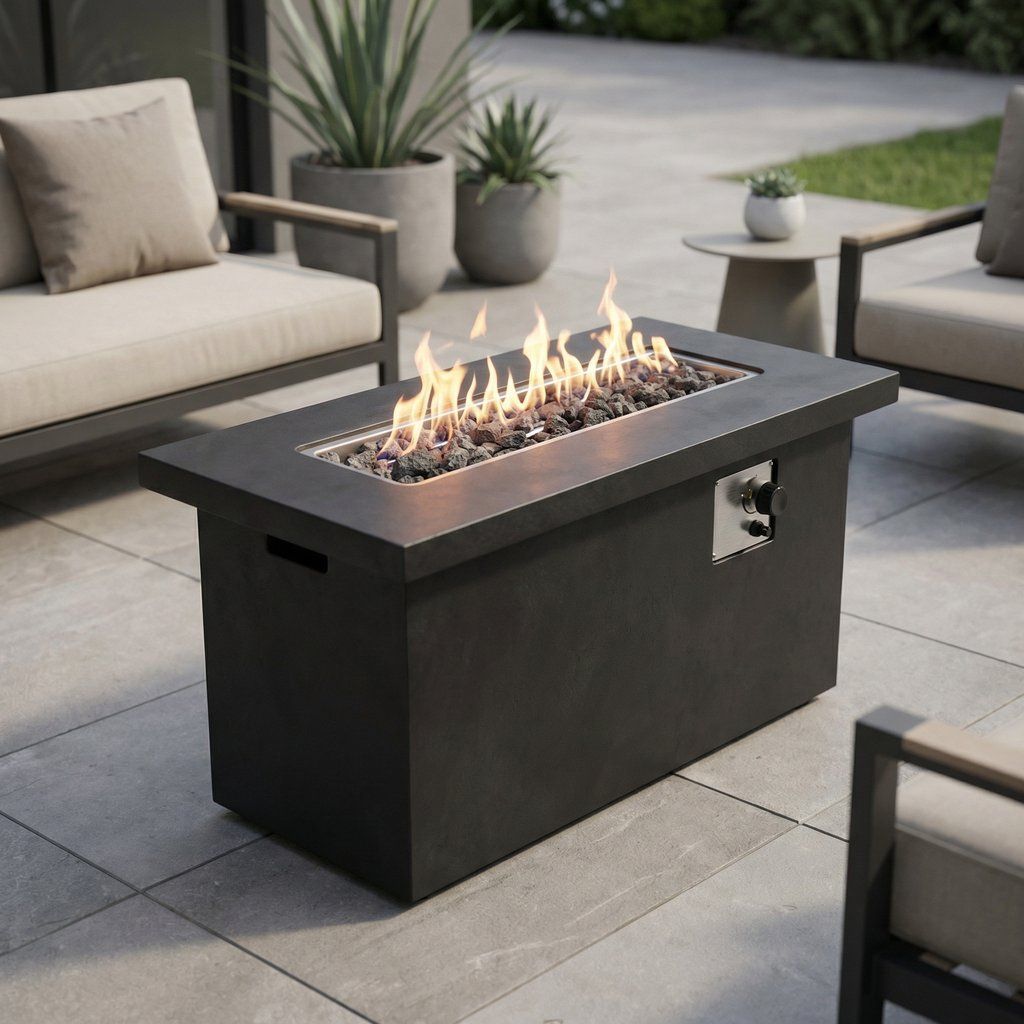 Outdoor Fire Pit Table Garden Heater Modern Concrete Steel 60x24in Dark Gray