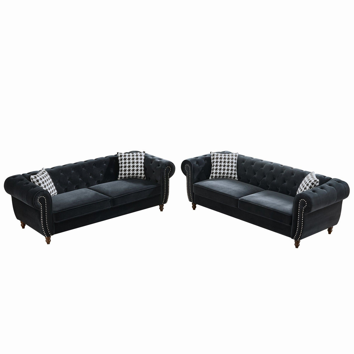 Chesterfield Upholstery Fabric Sofa With Roll Armrest & Nailhead, Mid Century Modern 3 And 3 Seater Couch