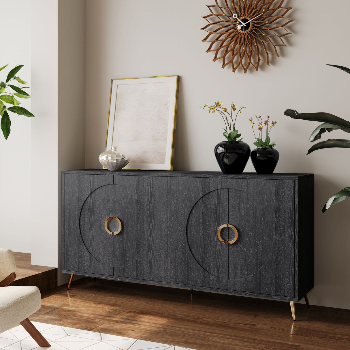 Modern Sideboard Buffet Server Cabinet Lacquered Wood Storage 60x31in