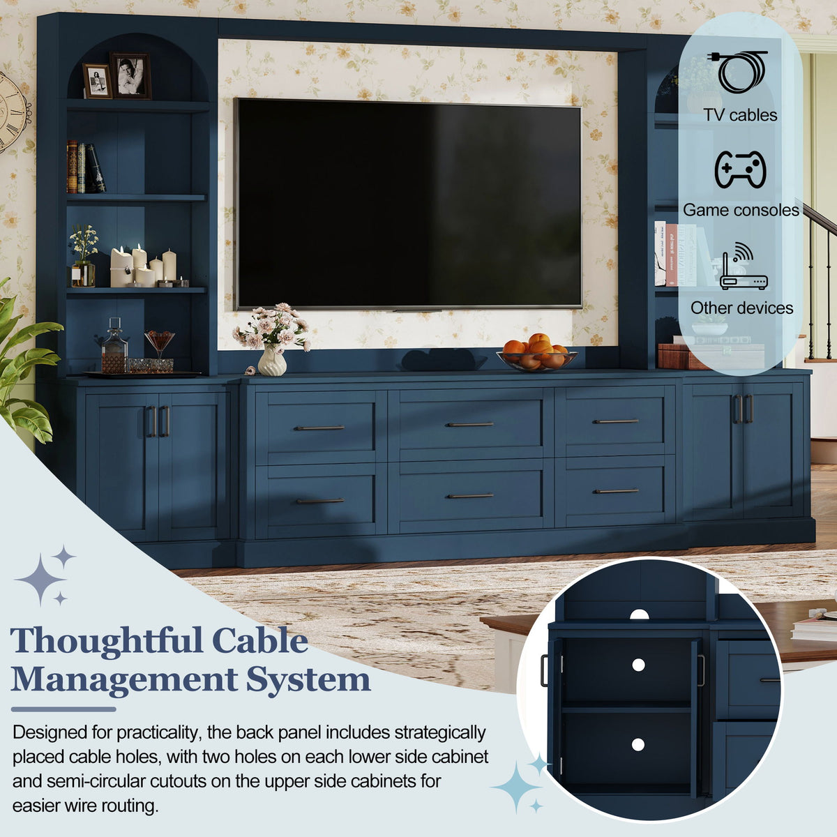 Arched Entertainment Center Wall Unit With 6 Drawers, Large TV Stand With Bookshelves