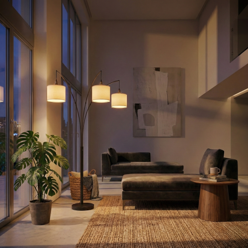 Royal 3-Arm Metal Arc Floor Lamp, Oil Rubbed Bonze with Linen Shade, 4 way Rotary Switch