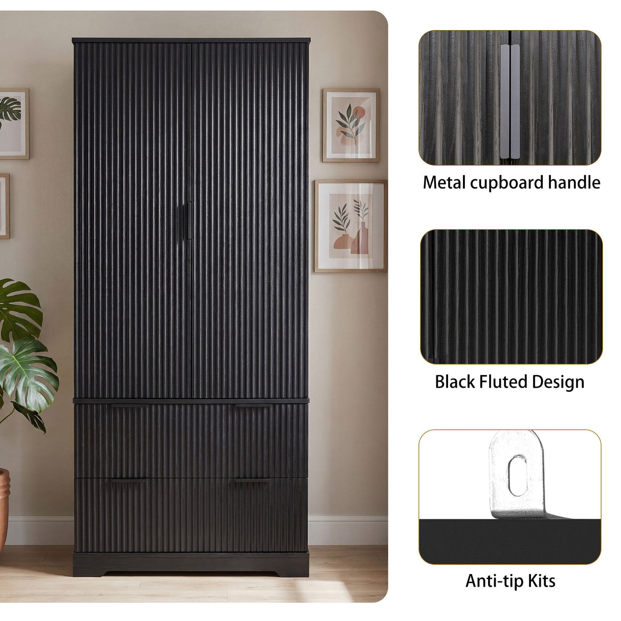 Fluted Kitchen Pantry Cabinet With 2 Large Drawers & 8 Door Spice Rack Freestanding Storage Organizer - Black