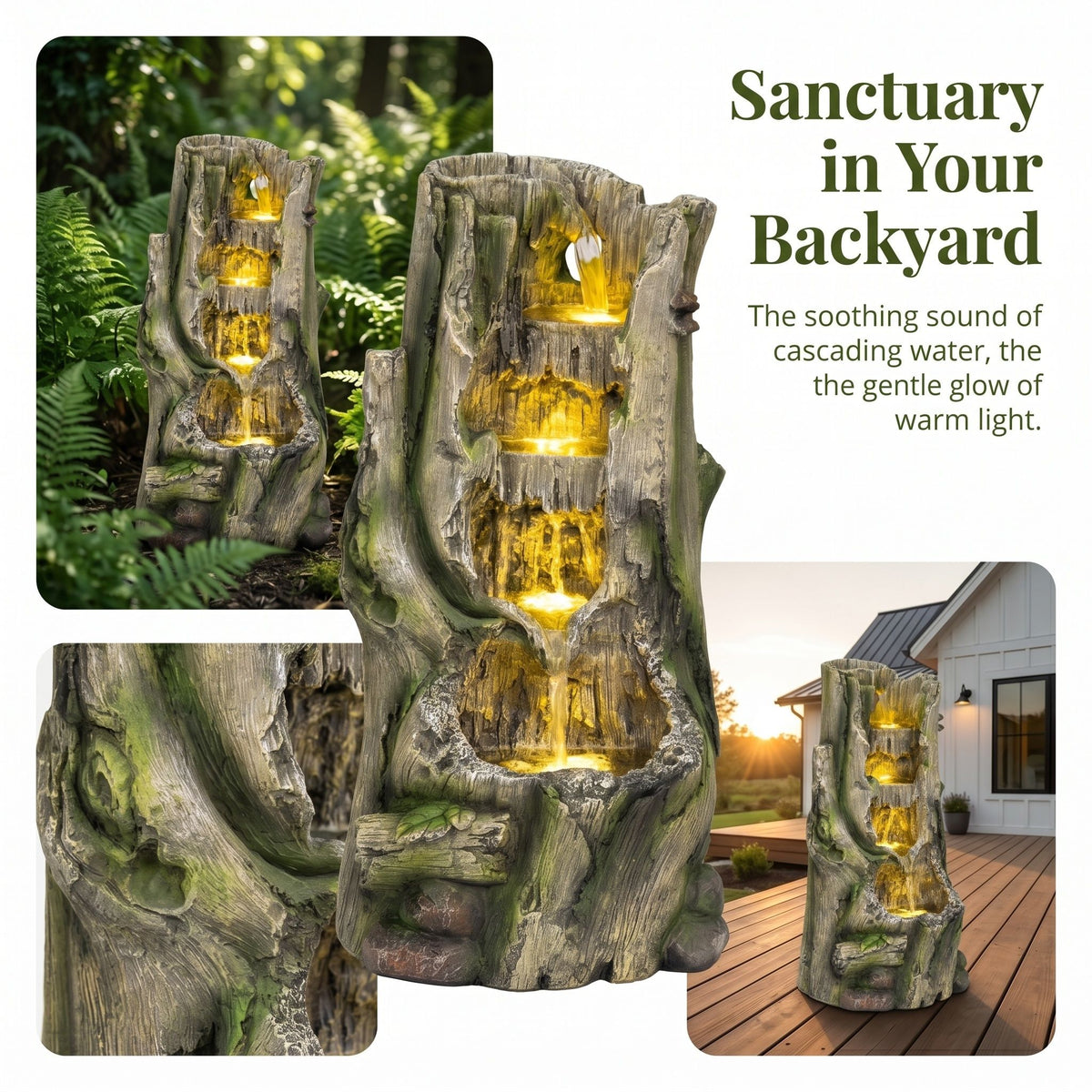 Outdoor Water Fountain, Tree Stump Cascading Fountain With Warm LED Lights - Earthy Yellow